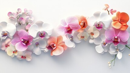 Fototapeta premium Beautiful 3D colorful orchids on a clean white background, perfect for a brochure template with a delicate floral watermark