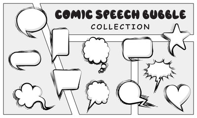 Monochrome comic speech bubble collection with halftone effects