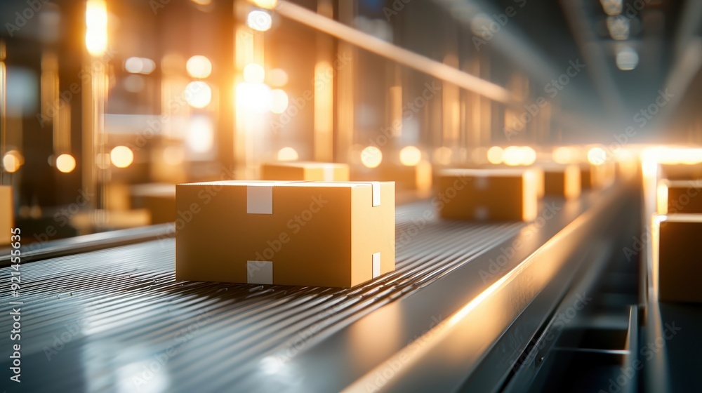 Poster automated logistics system with packages on a conveyor, representing the future of distribution and 