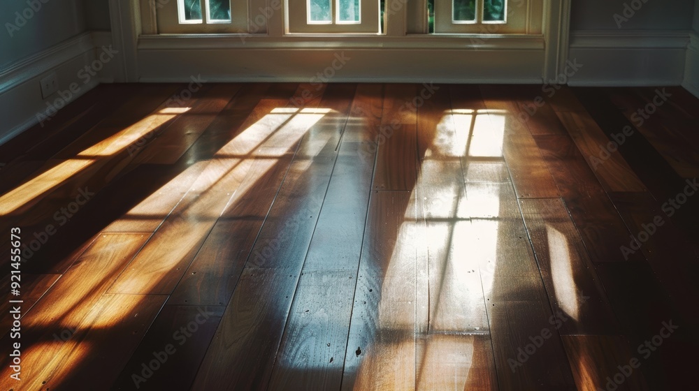 Poster sunlight filters through a window, creating luminous patterns on the gleaming wooden floor