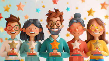 Award Winning 3D Flat Icon People Holding Sparkling Employee Awards, Happy Smiles | Rewarding Employee Evaluation Concept with Ample Text Space, Isolated White Background