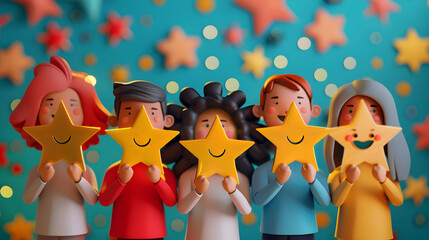 A group of people holding sparkling employee awards with happy smiles set against a whimsical background   perfect for a rewarding and happy employee evaluation.