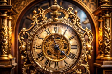 Obraz premium Elegant antique clock with intricate engravings and Roman numerals on its ornate copper face, surrounded by ornamental gears and a delicate golden pendulum.