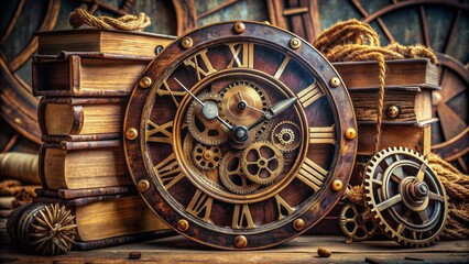 Fototapeta premium Analog clock face with worn wooden bezel and rusty gears, surrounded by old books and dusty artifacts, symbolizing the passage of time.