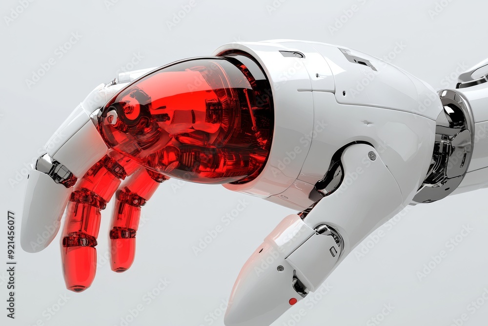 Poster red and white robotic hand poised in a gesture of creation symbolizing the convergence of technology