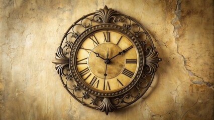 Obraz premium A distressed, vintage-style silent wall clock with Roman numerals and ornate metalwork hangs on a faded, cream-colored wall, evoking nostalgia and serenity.
