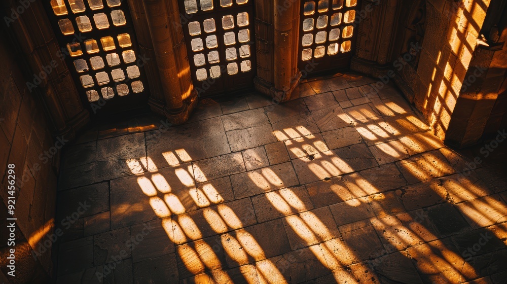 Aufkleber sunlight passing through windows with square pattern in an old building, creating a geometric patter