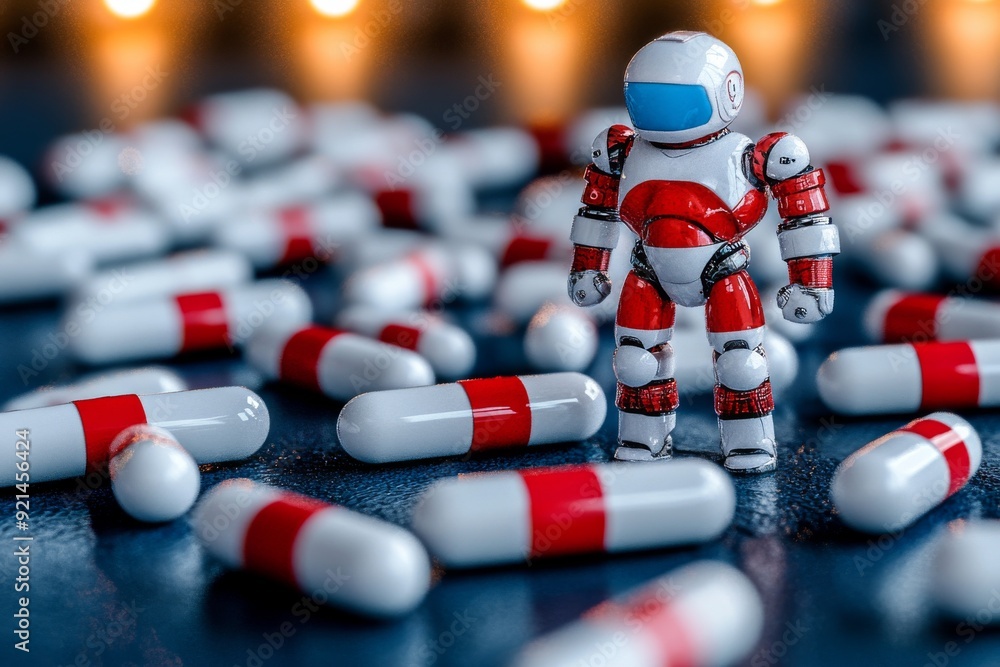 Poster miniature robot amidst a sea of pills highlighting the scale of automation in modern pharmaceutical 