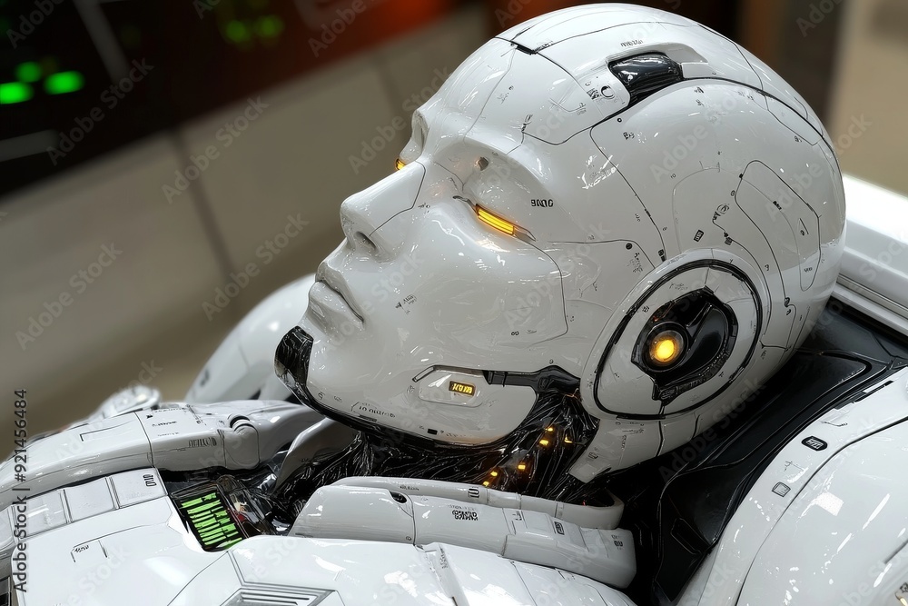 Poster close up of a white robot in a laboratory setting eyeing a vial of medicine integrating ai with phar