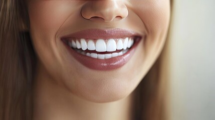 Obraz premium Close-up of a smiling woman with perfect white teeth, set against a bright background.