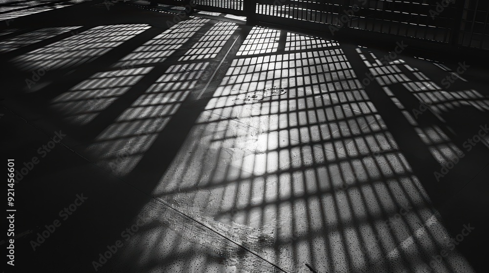 Poster abstract and graphic patterns created by sunlight casting fence shadows on concrete floor
