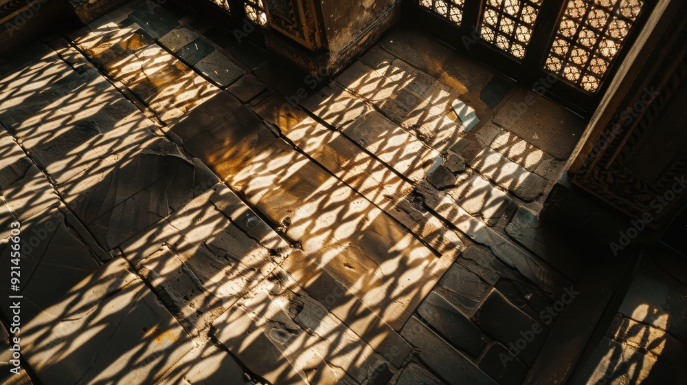 Poster geometric shadows created by sunlight shining through ornate window add beautiful play of light and 
