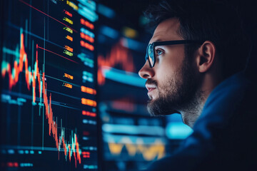 trader in glasses analyzes stock growth chart
