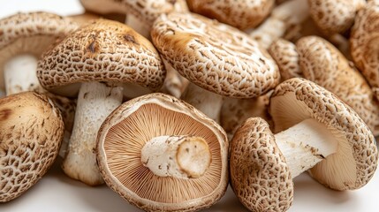 Close-up of Matsutake mushrooms with detailed striations and earthy colors, set on a white background.