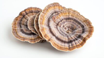 Close-up of organic turkey tail mushrooms with detailed striations and vibrant colors, set on a white background.