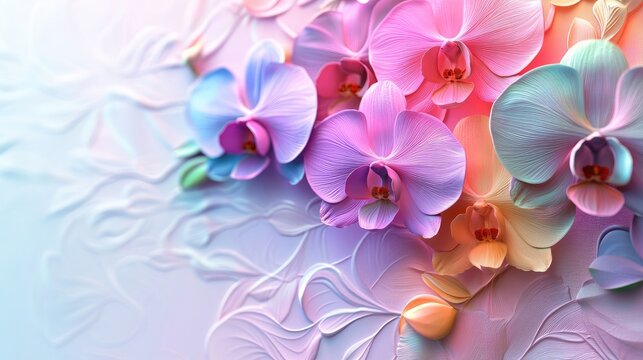 Lush 3D orchids in a spectrum of colors, featured on a brochure template with a refined floral watermark on a white background