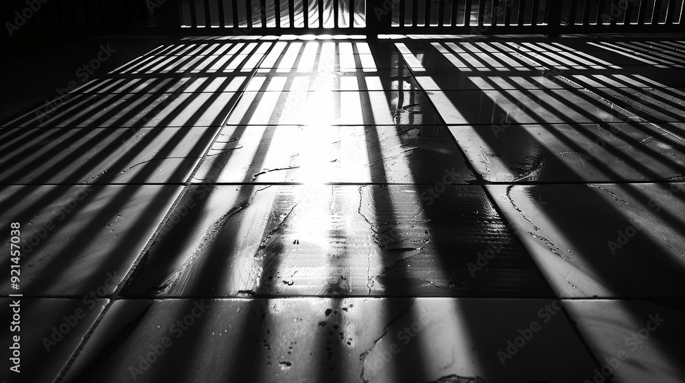 Poster sunlight casting shadows on a tiled floor with a fence in black and white