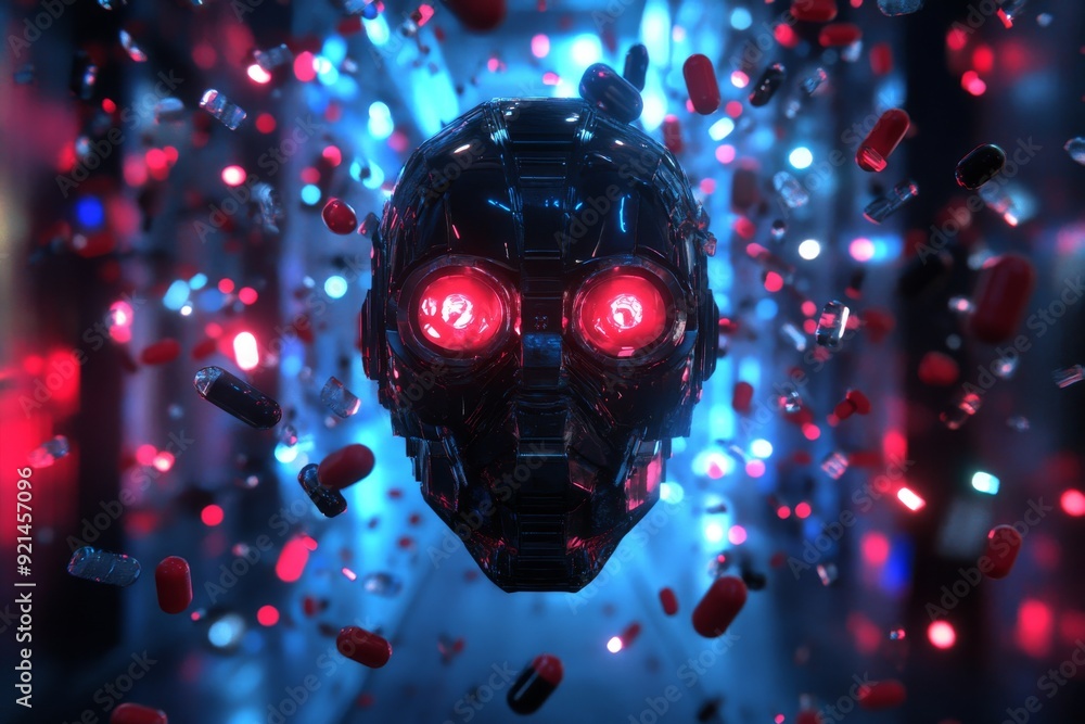 Poster robot with bright red eyes surrounded by a vast array of pills demonstrating the scale of ais role i