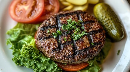 Close-up top view of a truffle burger with fresh tomato slices and lettuce, served with a pickle.