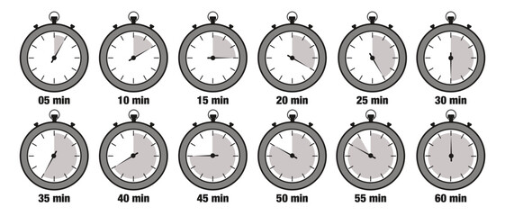 Vector set of stopwatch icons. Countdown from 5 to 60 minutes. Vector illustration