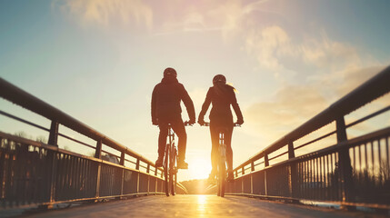 Cycling at Sunset (Low Angle): Unrecognizable couple riding bikes across an overpass at sunset.