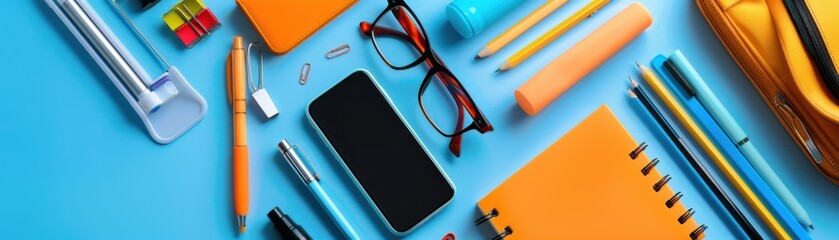 Back to School Essentials: A vibrant flat lay showcasing a collection of essential school supplies, including a smartphone, glasses, pens, pencils, notebooks, and a backpack. The bright blue backgroun
