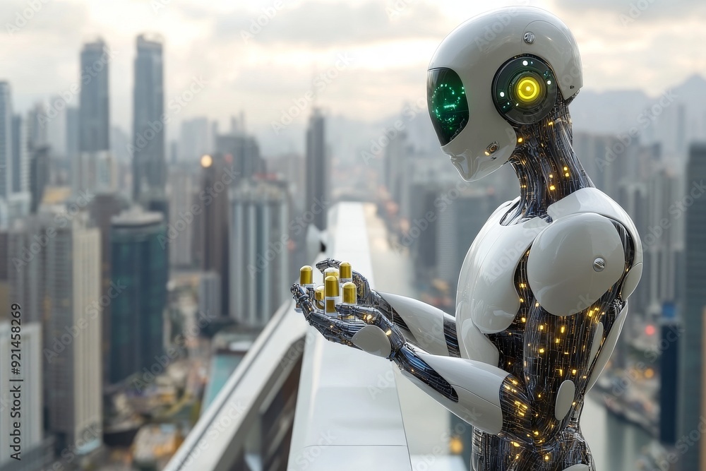 Poster futuristic humanoid robot overlooking a cityscape symbolizing the integration of ai in urban environ