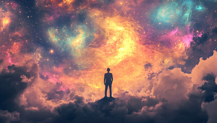 Fototapeta premium Silhouette gazing at vibrant cosmic sky in surreal digital art.