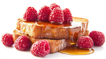 Honey toast with a generous drizzle of maple syrup and fresh raspberries, isolated on a white background.