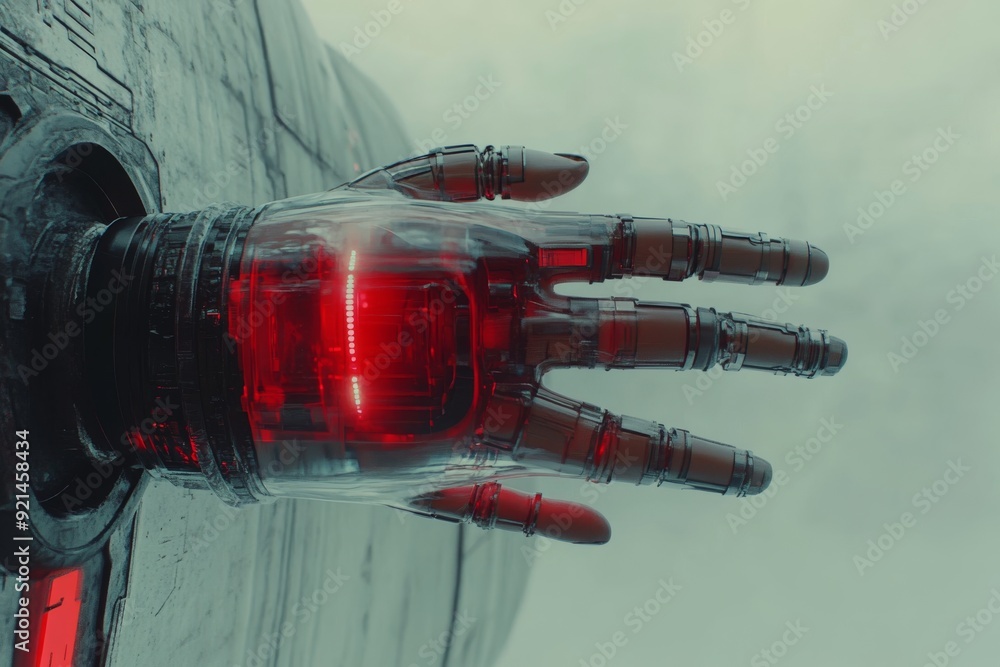 Poster cybernetic hand in an underwater setting highlighting the exploration of robotics in extreme environ
