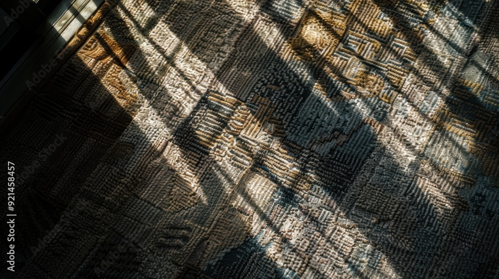 Poster sunlight streaming through a window casting geometric shadows on a textured carpet, creating an abst