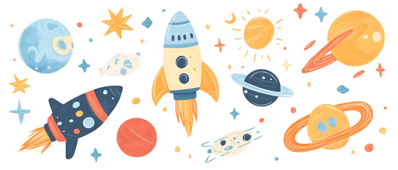 Cute Outer Space Set with Doodle Spaceships and Planets