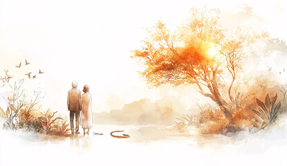 Serene elders under a tree surrounded by nature&rsquo;s beauty.