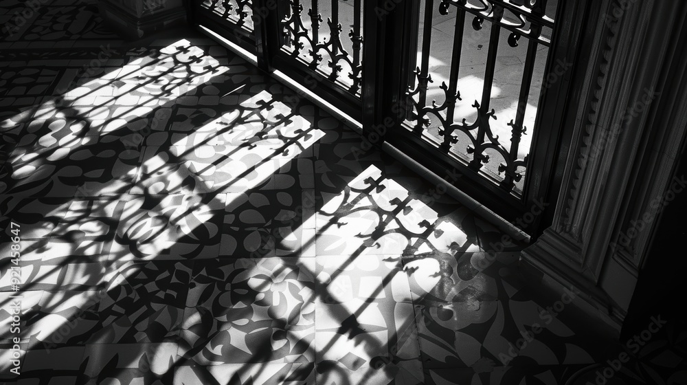 Poster sunlight is casting shadows of a wrought iron gate on a patterned floor in black and white
