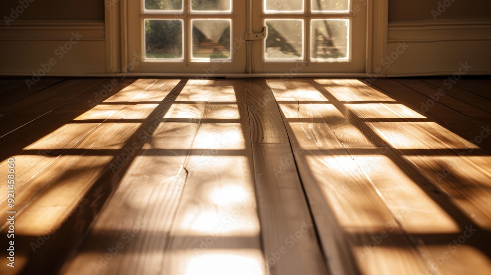 Poster sunlight streaming through a multi-paned window is casting geometric shadows on a hardwood floor