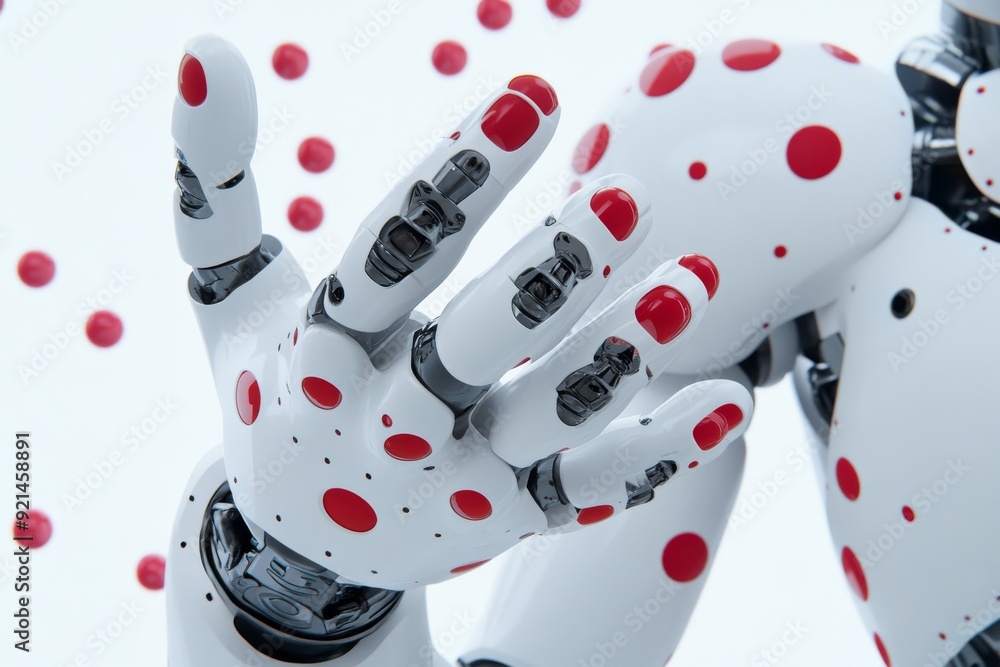 Poster red and white robotic fingers interlocked representing the integration and cooperation between diffe