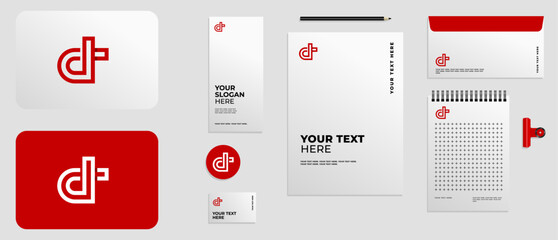 Minimalist logo line letter D and T in red color, logo business, corporate and company with full brand kit stationery, Mega bundle pack. Editable file