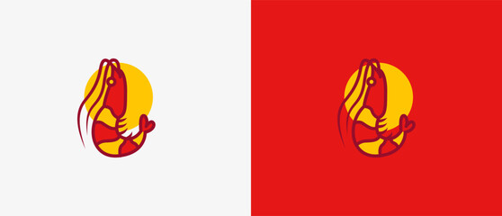 Logo Cute shrimp chinese food with red color and yellow. Seafod logo, restaurant, eatery logo. Editable file