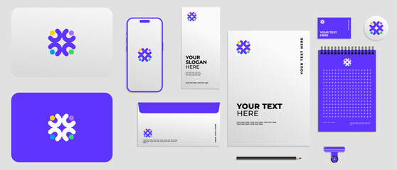 Minimalist colorful logo letter U with four people hug, logo teamwork, organotation, busines with full brand kit stationery, Mega bundle pack. Editable file © ahmadfaiz