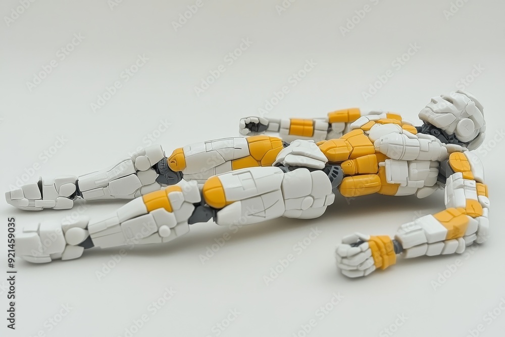 Poster white robotic hands with yellow accents assembling small parts highlighting the precision of robots 