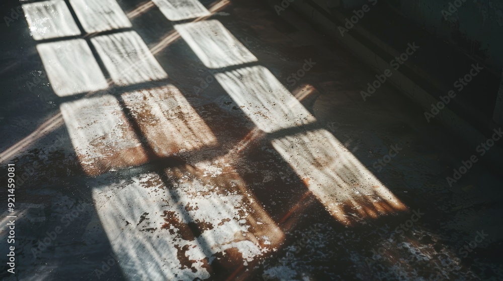 Poster sunlight streaming through windows is casting geometric shadows on the grunge floor of an abandoned 