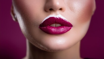 Fototapeta premium A bold, bright fuchsia lip color on a woman's lips, with a slight sheen to make the color st