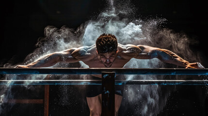 Parallel Bars Exercise: Male athlete performing a difficult exercise on gymnastic parallel bars 