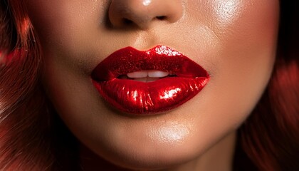 Fototapeta premium A close-up shot of a woman's lips painted a bold, fire engine red, with a slight sheen to hi 