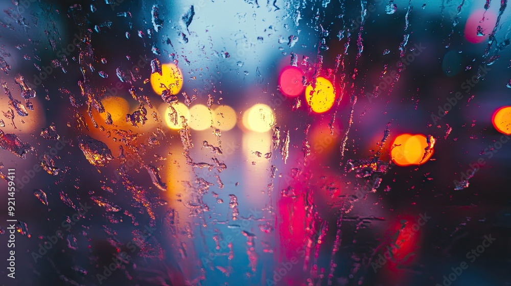 Poster traffic lights glowing through the raindrops on a wet window, creating a blurred and colorful effect