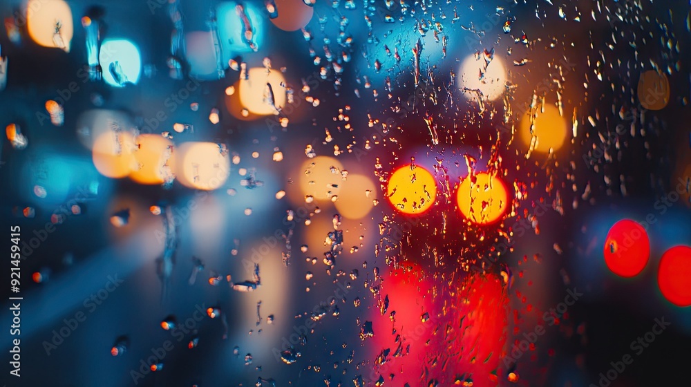 Poster traffic lights glowing through the raindrops on a wet window, creating a blurred and colorful effect