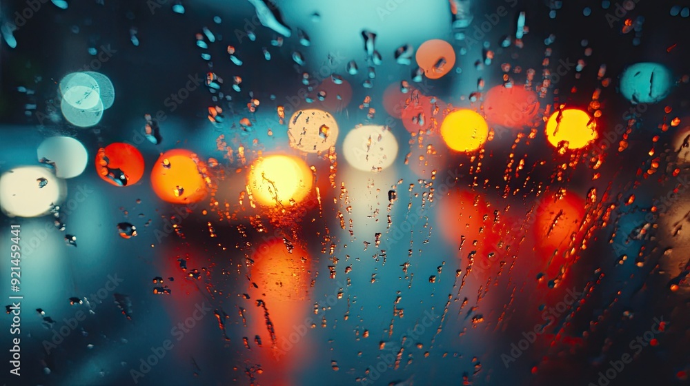 Poster traffic lights glowing through the raindrops on a wet window, creating a blurred and colorful effect