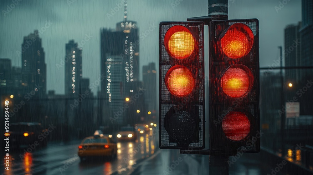 Poster traffic lights in the rain with a city skyline in the background, creating a moody atmosphere.