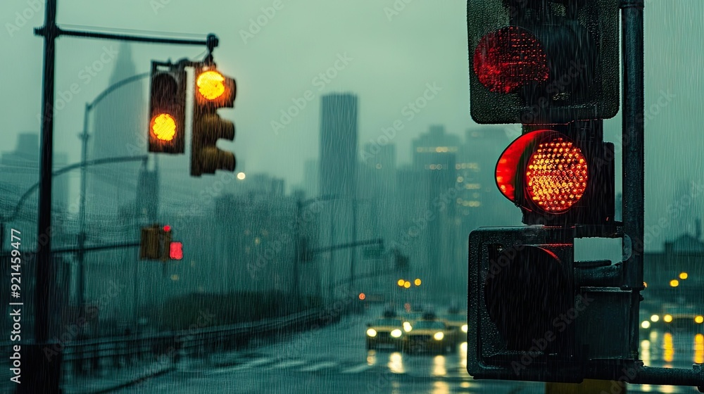 Poster traffic lights in the rain with a city skyline in the background, creating a moody atmosphere.