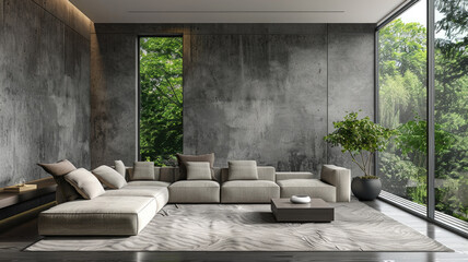Living room interior with concrete walls, grey couch and green plants, modern home minimalist style, abstract background. Theme of contemporary house design